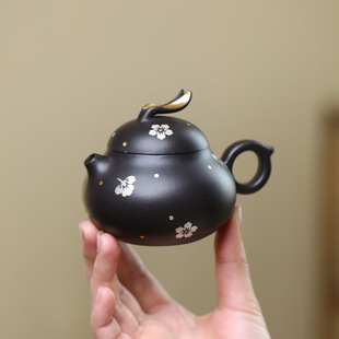 宜興紫砂壺一件代發黑泥兔子壺創意中式茶壺描金描銀茶具廠家批發