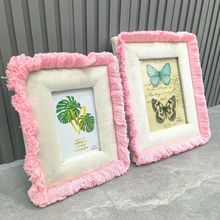 毛絨相框流蘇密度板包絨布水晶絨方形中空相框歐美mdf粉色擺台67