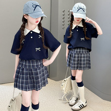 外貿童裝女童夏季套裝2025新款兒童夏款短袖polo領T恤百褶裙兩件