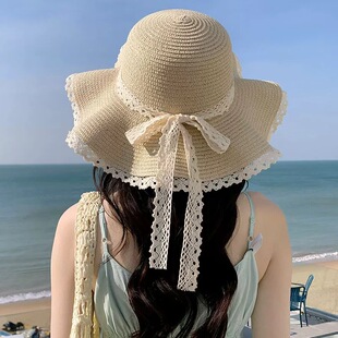 蕾絲海邊草帽太陽帽甜美夏季防曬蝴蝶結度假遮陽帽帽檐沙灘帽子