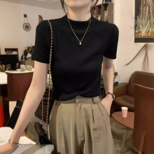 女t恤2024新款短袖半高領冰絲針織衫夏季薄款感修身顯瘦洋氣上衣