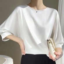 2025春季新款七分袖冰絲短袖T恤女士圓領寬松大碼女裝上衣T恤衫