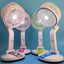 批發LED小夜燈台式電扇靜音塑料台扇二檔風速家用可搖頭折疊風扇