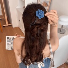藍色牛仔花高級感橫夾甜酷頭飾扭扭夾皮筋女妞妞夾子扣子