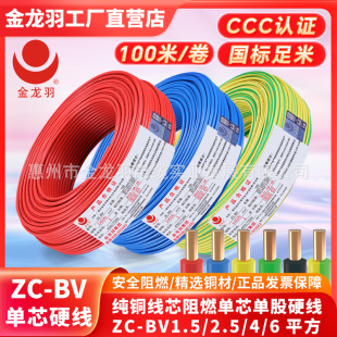 金龍羽電線電纜ZC-BV 1.5/2.5/4/6平方國標阻燃單芯單股銅芯電線