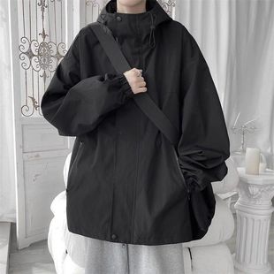黑色沖鋒衣外套女春秋季新款防風戶外棒球服連帽工裝夾克