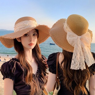 夏季新款帽子女絲帶蝴蝶結大檐草帽戶外旅游遮陽帽沙灘太陽帽