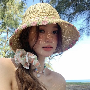 夏季海邊草帽花朵女大帽檐度假沙灘顯臉小草編可折疊遮陽防曬帽子