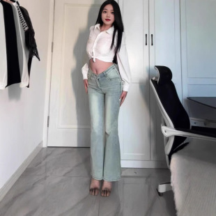 源頭工廠V腰復古微喇牛仔褲女長褲高腰辣妹顯瘦提臀喇叭褲