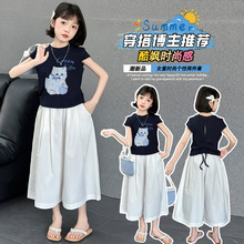 童裝批發女大童夏款短袖套裝25新款兒童韓版綁帶T恤+闊腿褲兩件套