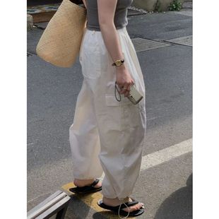 現 2025夏季新款韓國東大門簡約氣質褲腳抽繩工裝休閑褲
