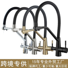 外貿跨境三合一廚房龍頭全銅可旋轉抽拉式水槽冷熱凈水直飲單孔