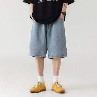 男式休閑男裝牛仔褲夏季褲子潮牌寬松工裝五分褲子