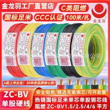 金龍羽電線電纜ZC-BV 1.5/2.5/4/6平方國標阻燃單芯單股銅芯電線
