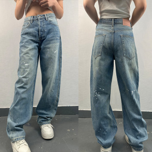 AC高腰直筒牛仔褲女做舊臟染潑墨油漆塗鴉闊腿長褲女2025夏季新款