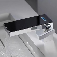 定制槍灰色瀑布面盆水龍頭冷熱兩用洗臉盆台上洗手盆全銅數顯奶白