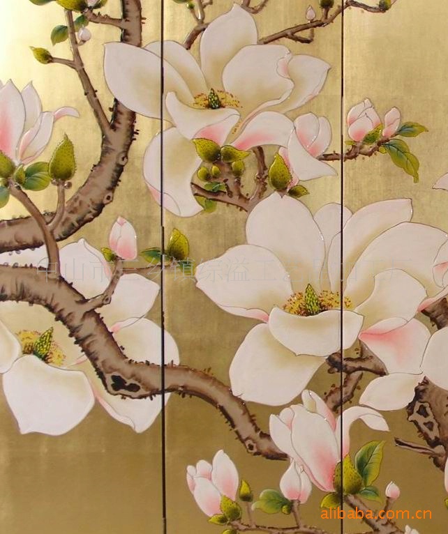全手工漆画玉兰花屏风木制屏风折叠屏风客厅屏风酒店屏风批发