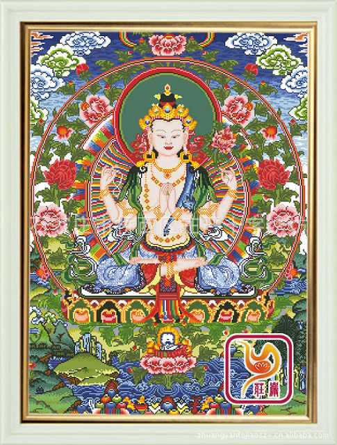 庄严佛教十字绣m-s0043唐卡四臂观音第四幅