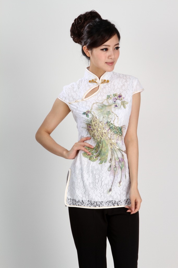 white Top chinese silk women jacket/T-shirts blouse cheongsam sz：M L XL ...