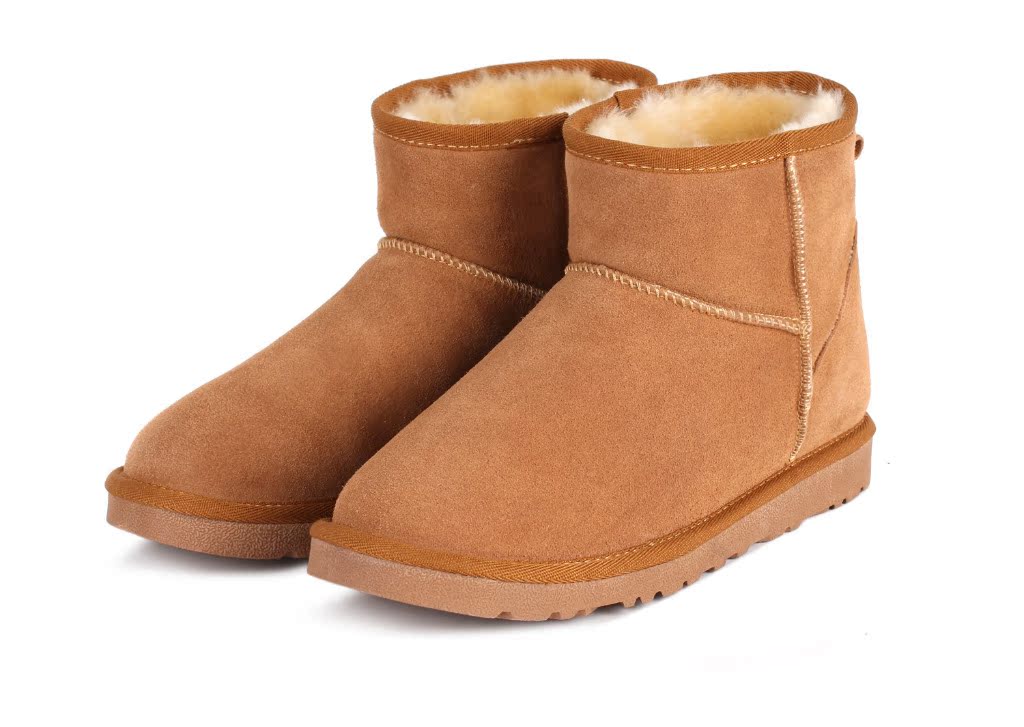 厂家批发供应流行时尚5854栗色牛反绒皮低筒雪地靴