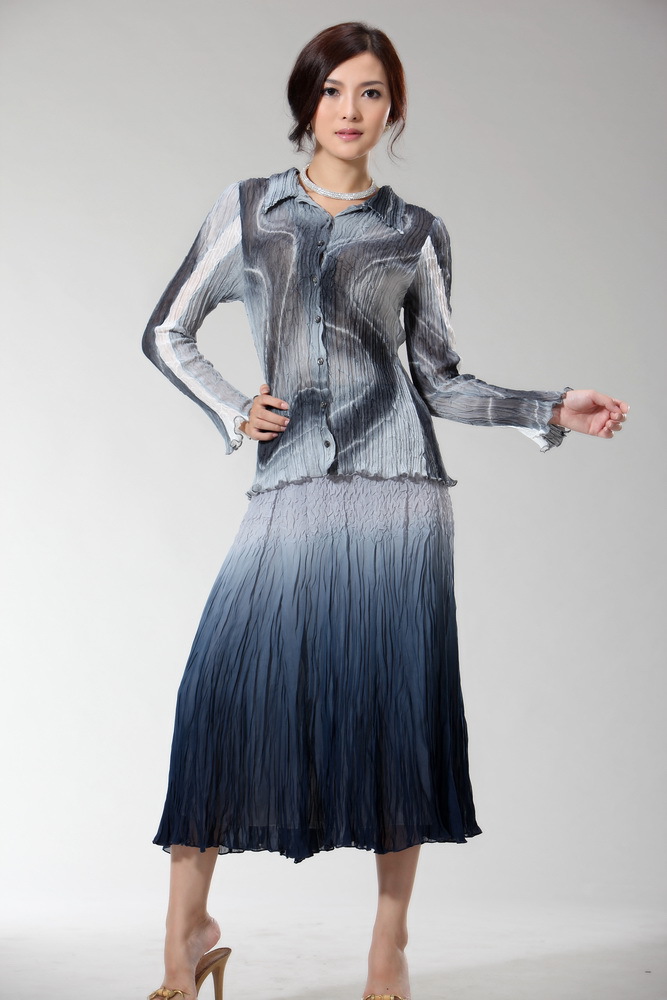 【压褶工艺】美版女装修身长袖印花压褶衬衣欧美显瘦上衣图片,【压褶