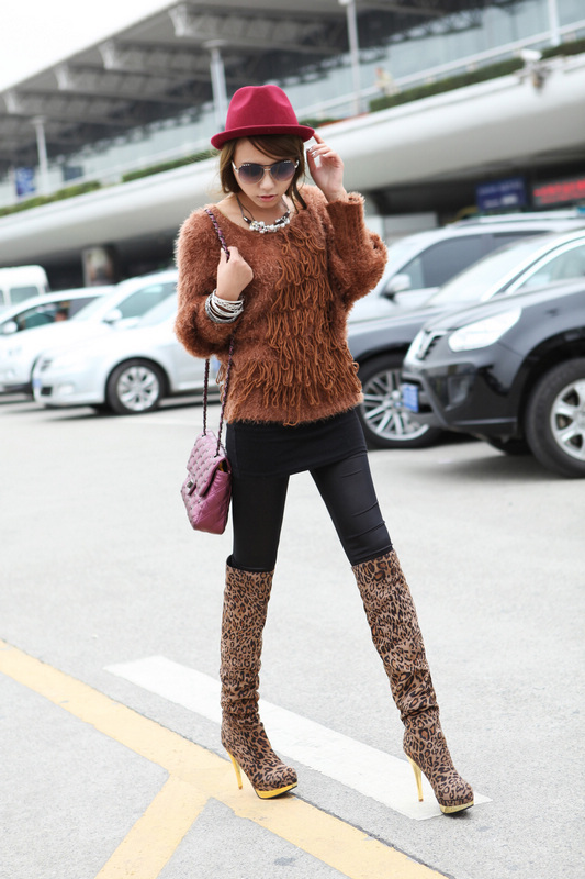 厂家直销高跟防水台豹纹弹力女靴子