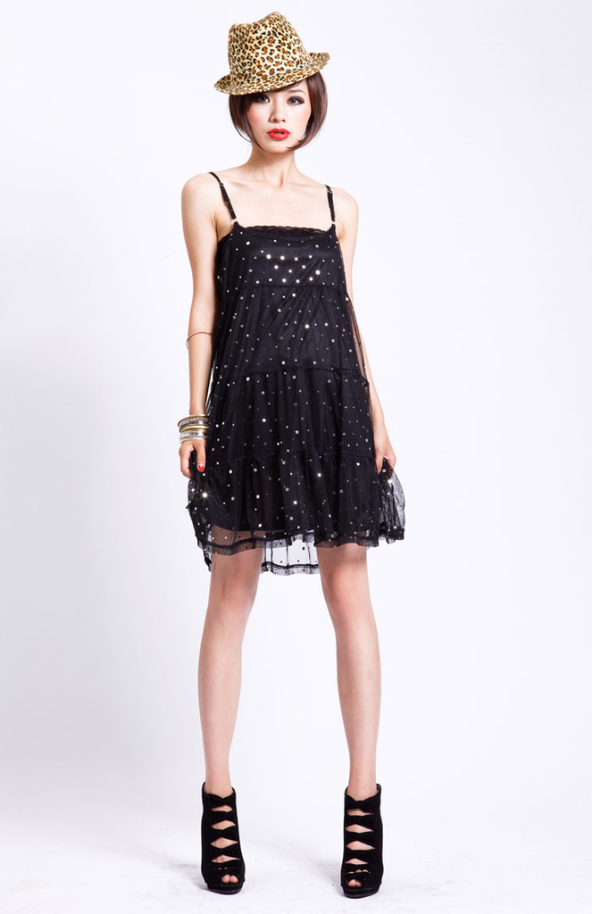 daisy潮牌 2012夏新款小欧美晶莹亮片蕾丝轻纱性感吊带裙q1395