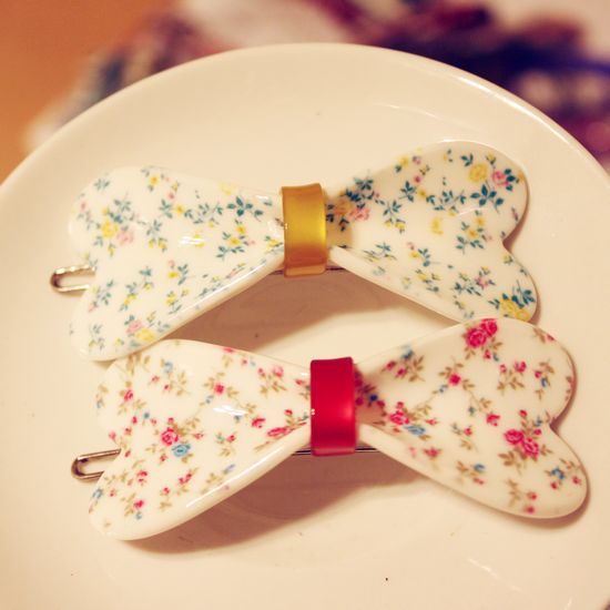 碎花 田园 淑女 亚克力 蝴蝶结 小边夹 青蛙夹 新款