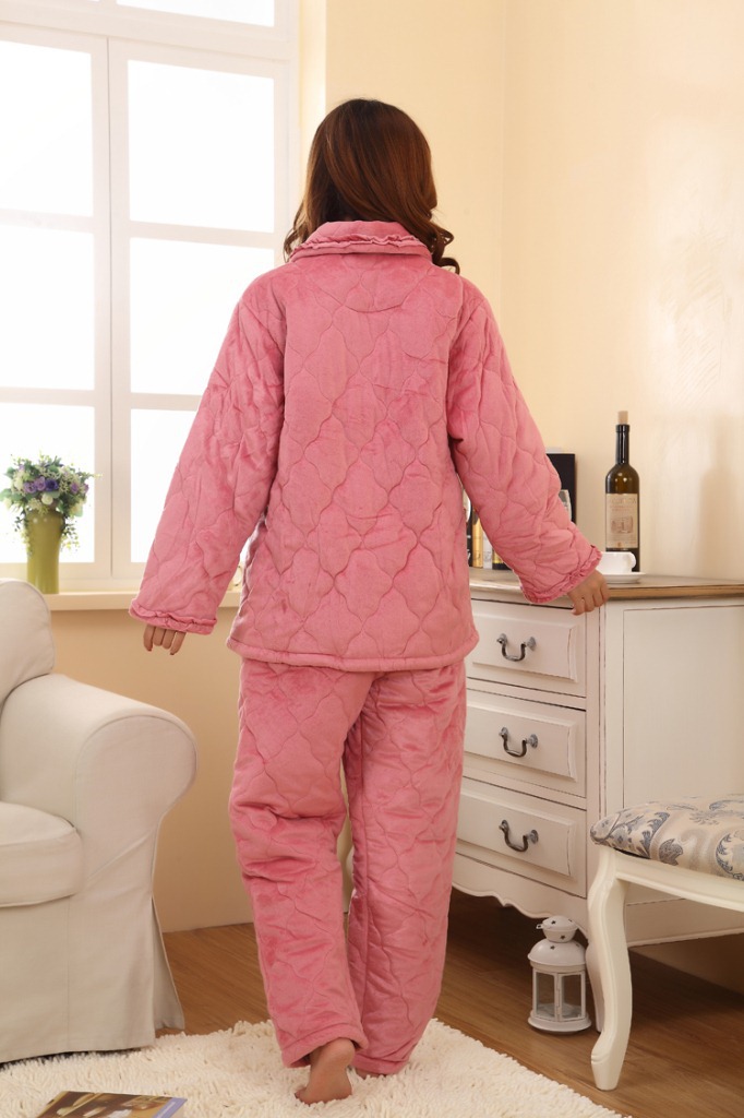 女士冬季超柔加厚珊瑚绒夹棉睡衣中老年套装家居服 花雨蝶6670