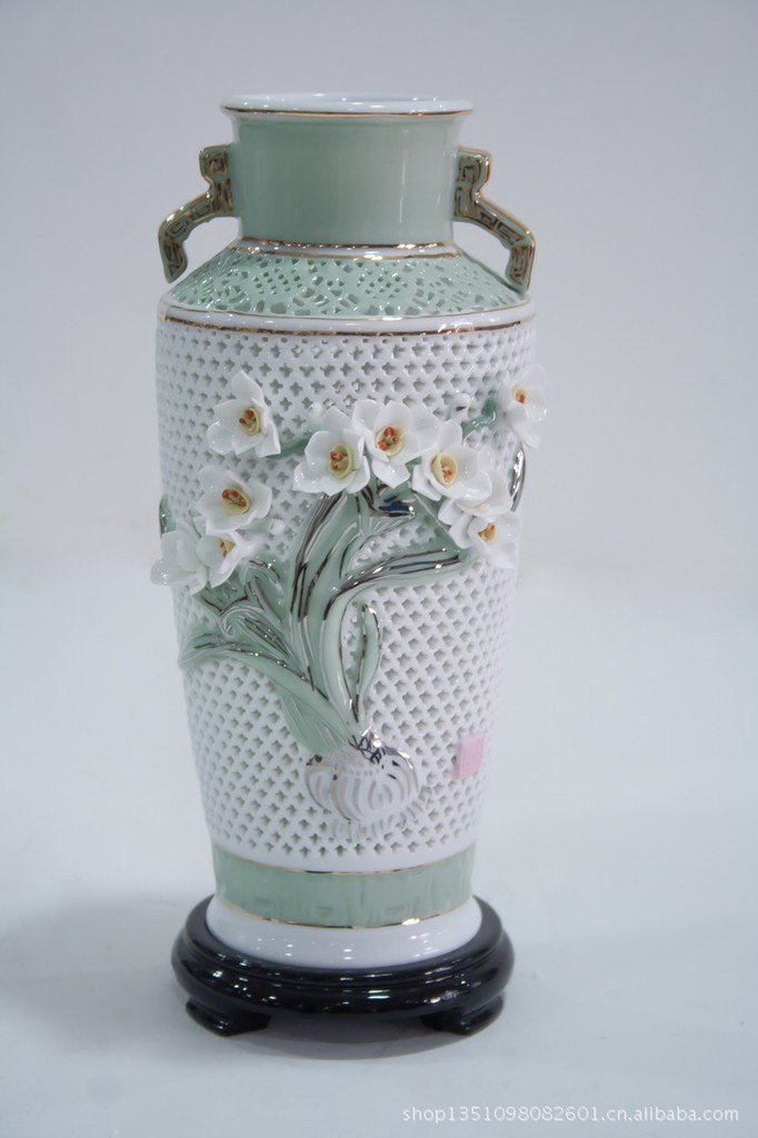 10寸水仙镂空嵌花通花陶瓷花瓶 精美陶瓷客厅饰品图片_3