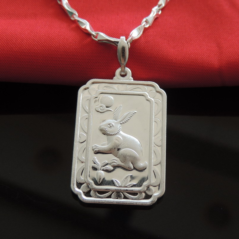 纯银s990生肖吉祥兔吊坠纯银生肖吉祥兔方牌吊坠时尚男士吊坠