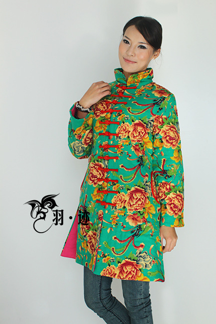 特价棉麻中式女棉衣牡丹花布盘扣立领长款修身唐装夹棉外套批发