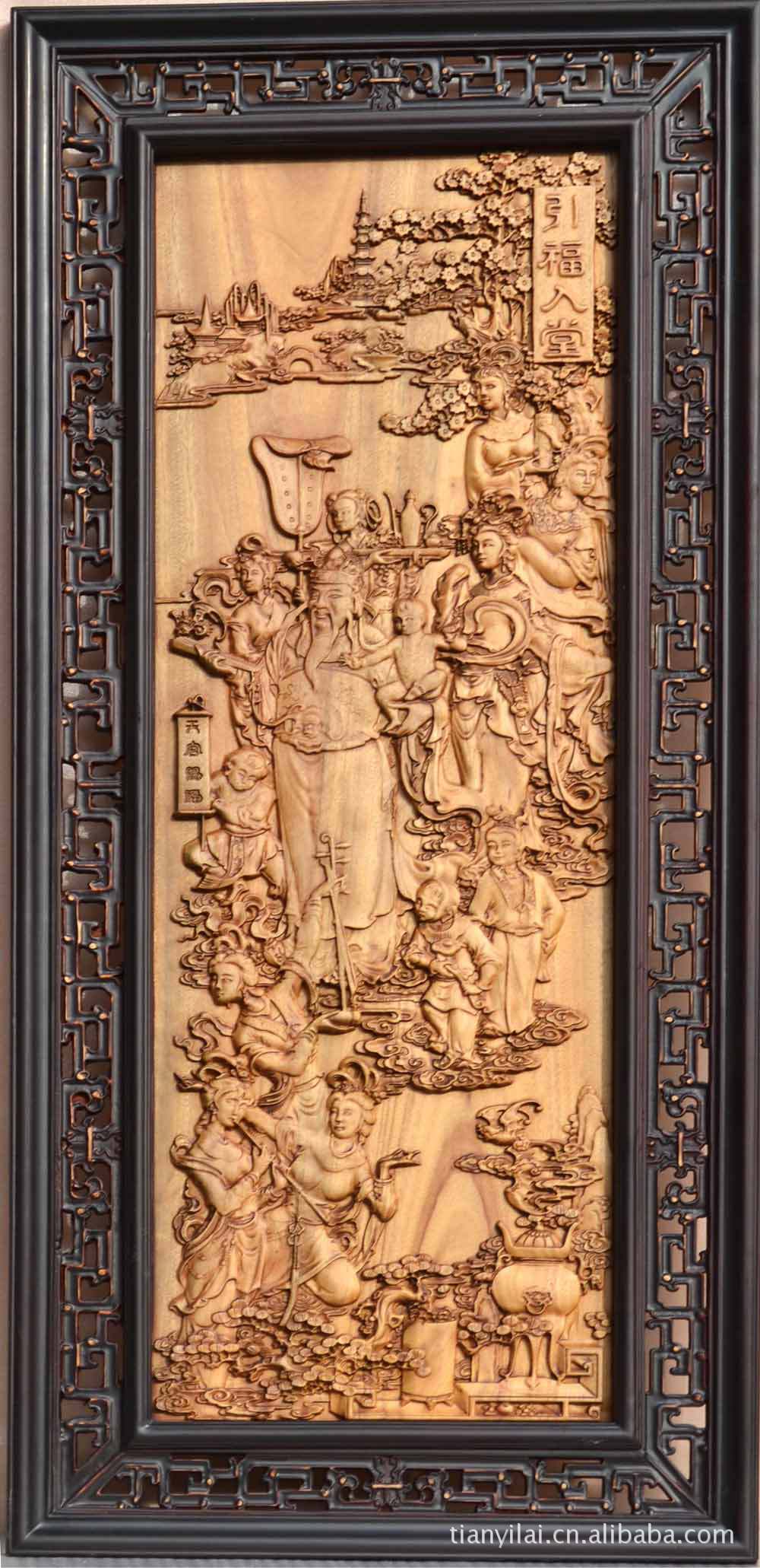 木雕壁画 引福入堂 香樟木 工.