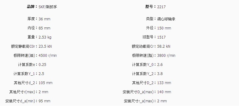 skf深沟球轴承2217的参数及图纸