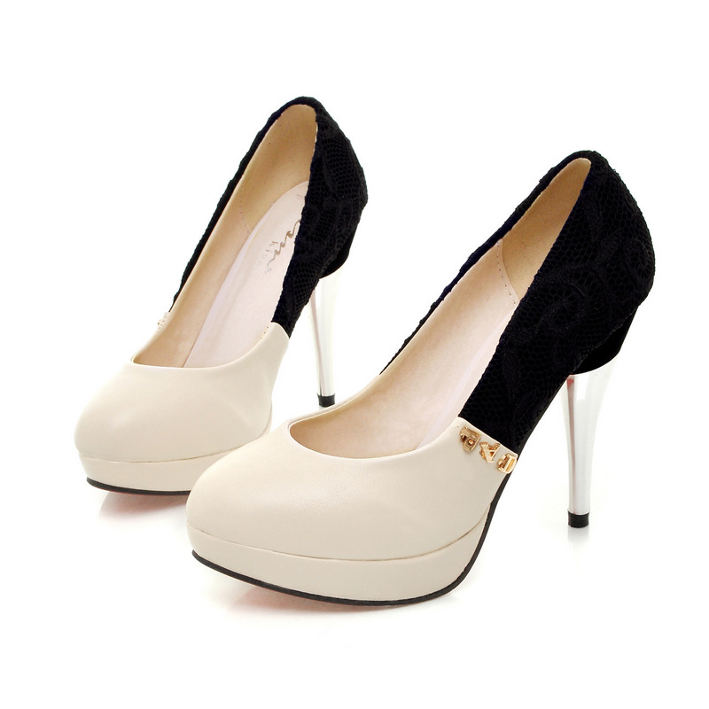 批发时尚欧版高跟鞋蕾丝pu拼接浅口防水台单鞋大码女鞋