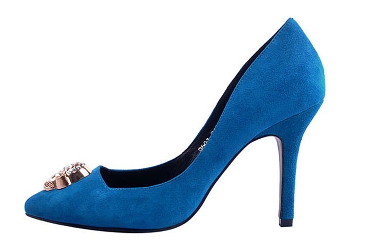 时装高跟鞋 高档真皮女鞋 蓝色羊反绒尖头单鞋 经典时尚正装皮鞋