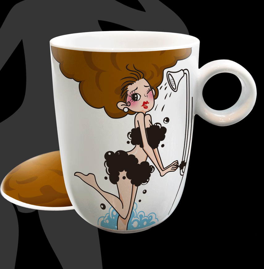 新款爆炸头性感女郞变色杯 脱衣服美女变色水杯 加热水变色马克杯