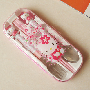 hello kitty叮当便携式圆柄立体猫头餐具三件套儿童餐具生活用品