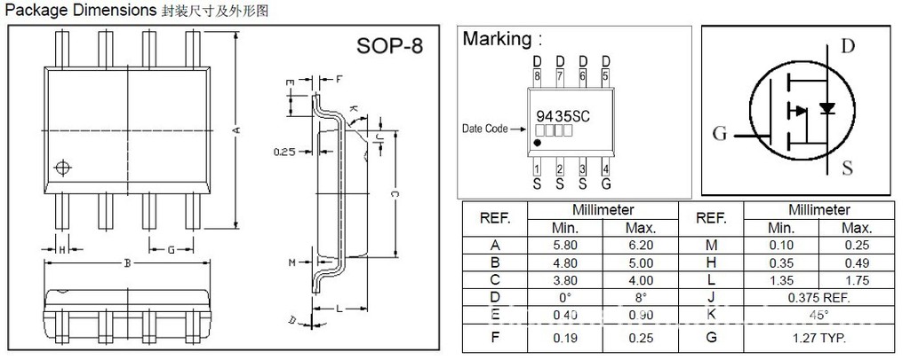 gt9435sc 5.3a/30v p沟道低压mos管 可用于lcd 电源 dvd 电动玩具
