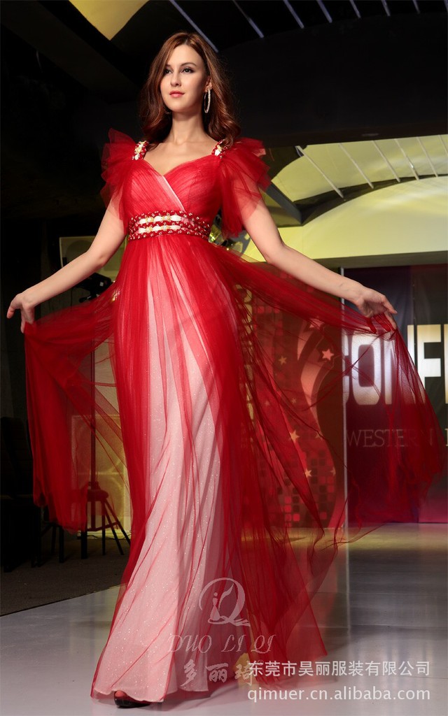 多丽琦新娘红色礼服 深v网纱长裙 新娘伴娘敬酒礼服透明长款礼服