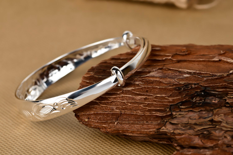 足银s990纯银饰品手镯 柳叶车花银镯子报平安银手环推拉环批发