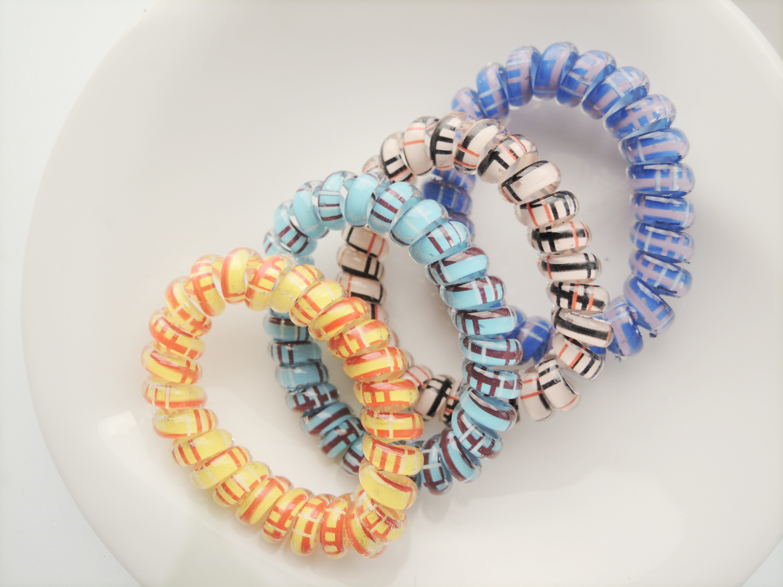 热销韩版百搭井格内印花电话线发圈手环 地摊2元店货源批发 包邮