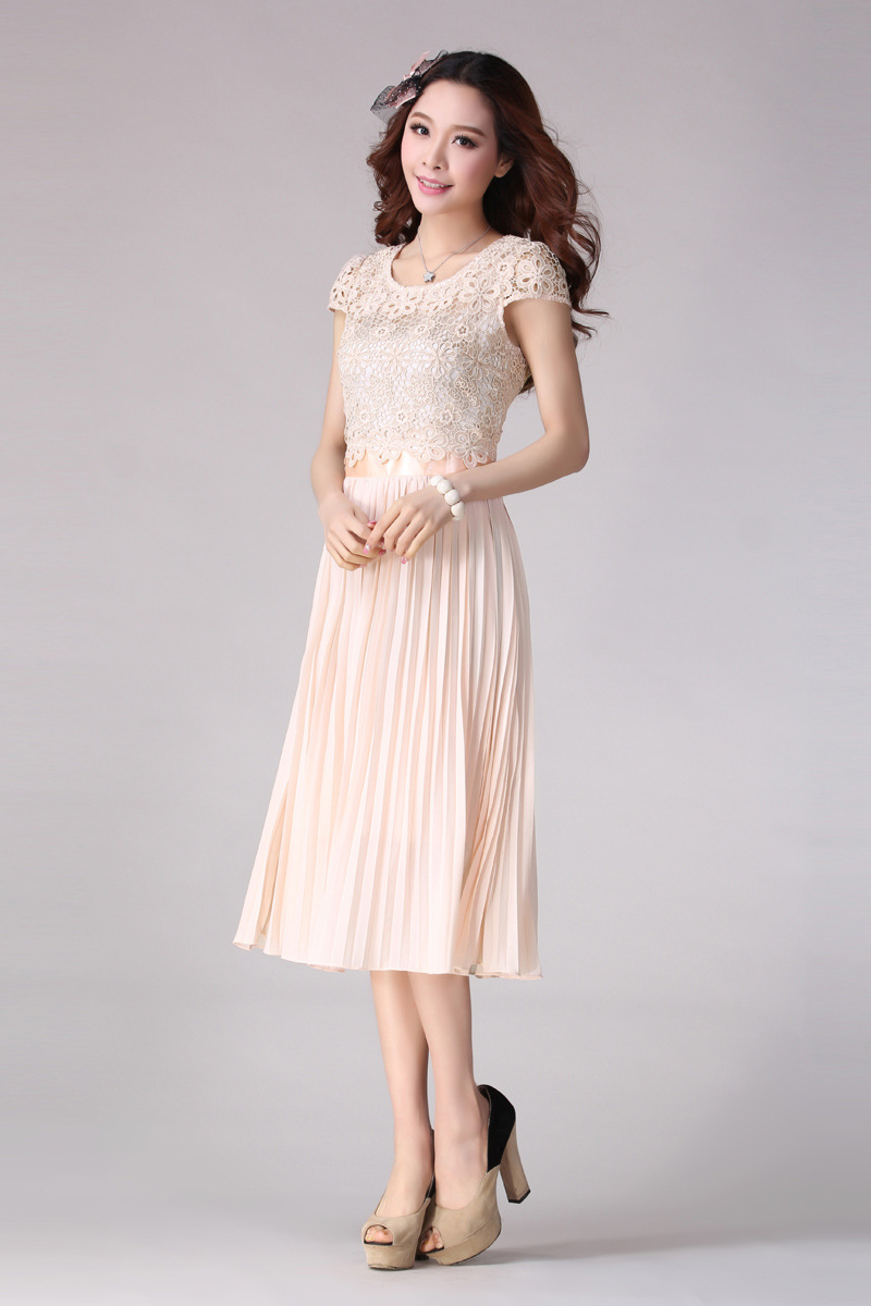 新款韩版名媛气质蕾丝压折雪纺连衣长裙