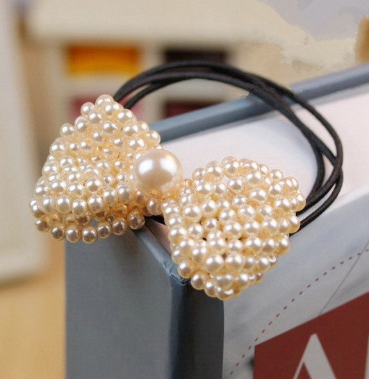 f291质感推荐 纯手工编织 立体珍珠蝴蝶结 发圈 发绳