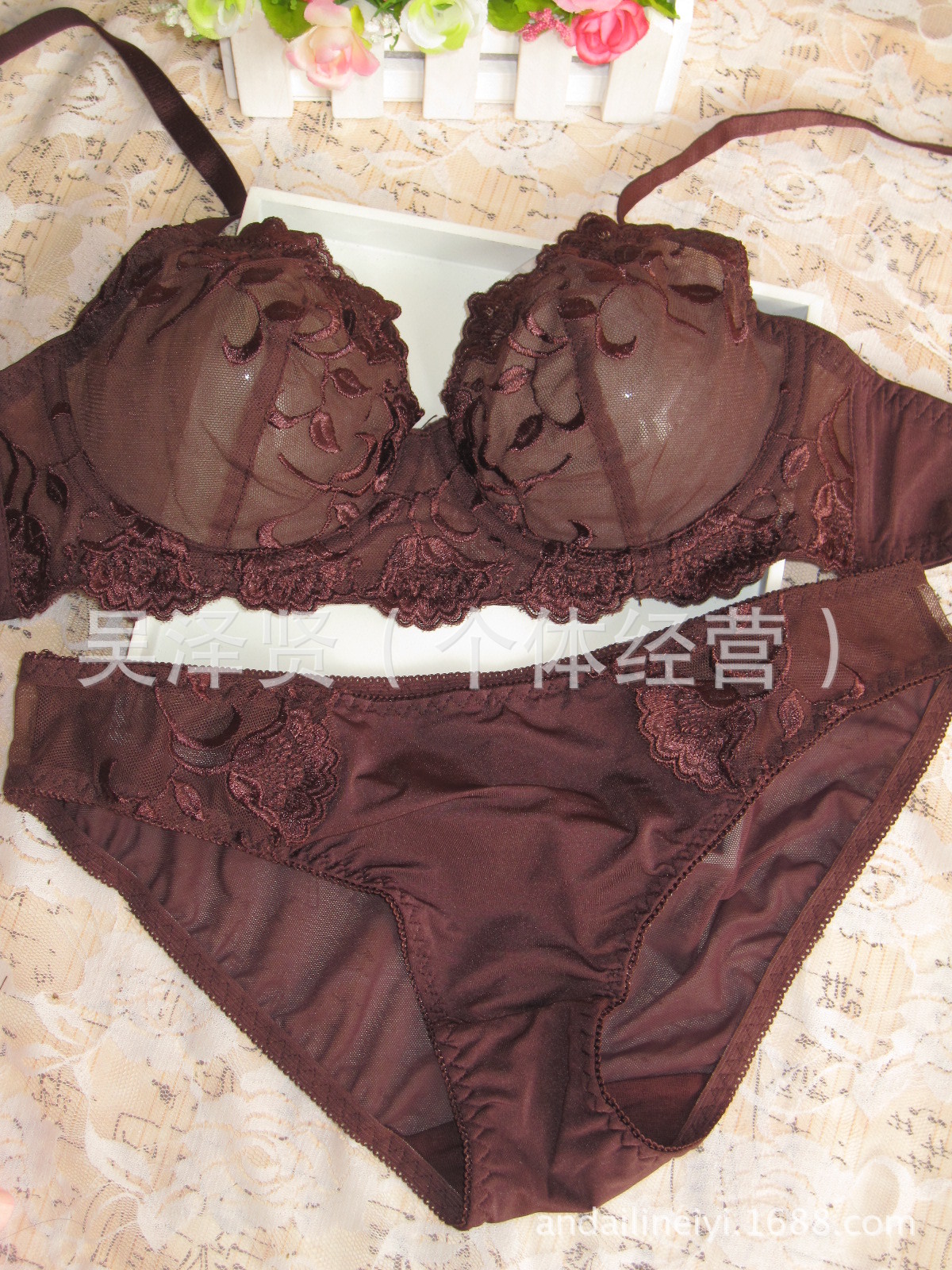 2013新款etam艾格外贸内衣咖啡色蕾丝刺绣玫瑰超薄款文胸套装批发