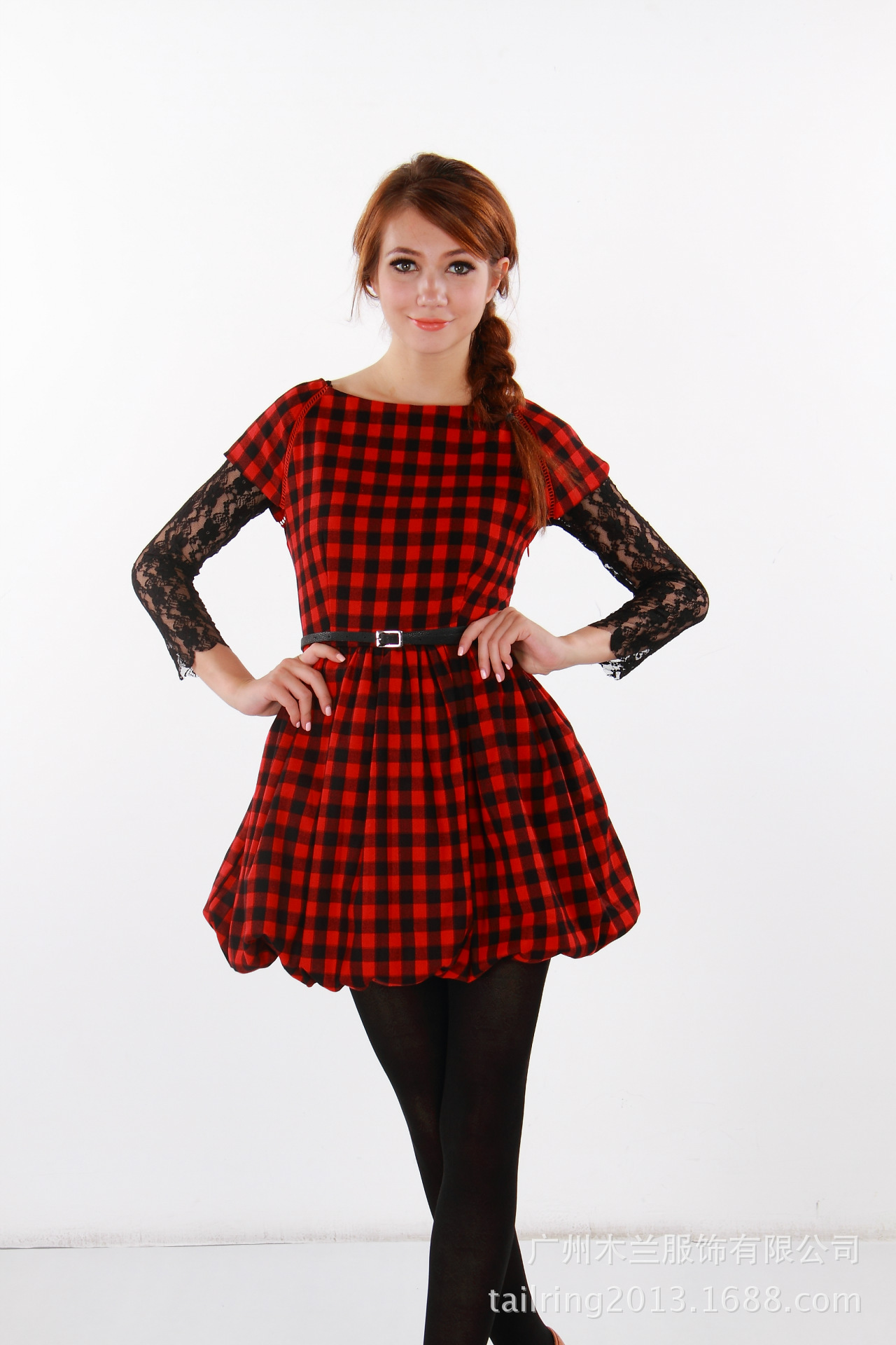 木兰2013新款品牌女装 经典格纹灯笼裙 气质修身短袖连衣裙批发