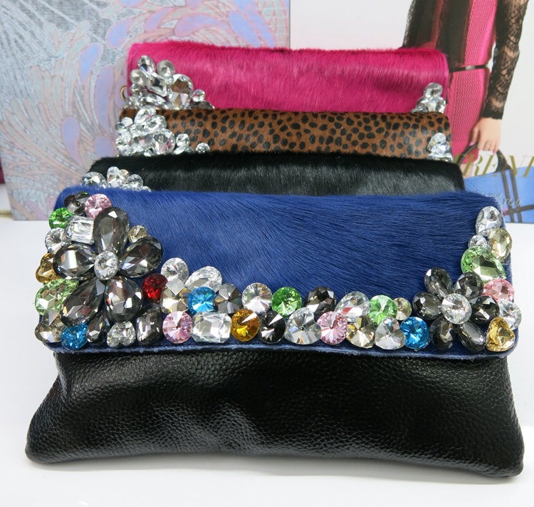 马毛镶头水钻荔纹牛皮晚晏手抓斜挎包 时尚真皮女包 真皮包批发