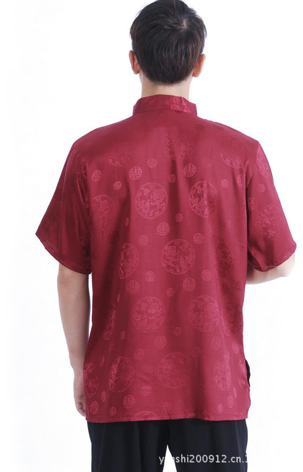 10件起批唐装男士夏季短袖上衣中式上衣休闲装喜字上衣