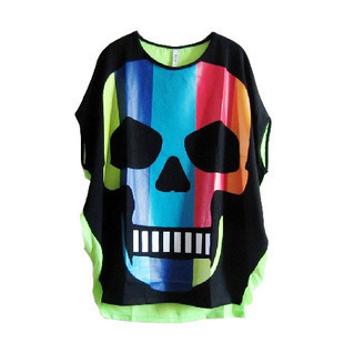 供应胖mm大码女装骷髅头蝙蝠袖宽松拼接 t恤短袖 女 韩版批发