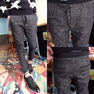 多纽扣门襟设计加厚质感舒适毛呢布修身男士休闲裤 基本裤男